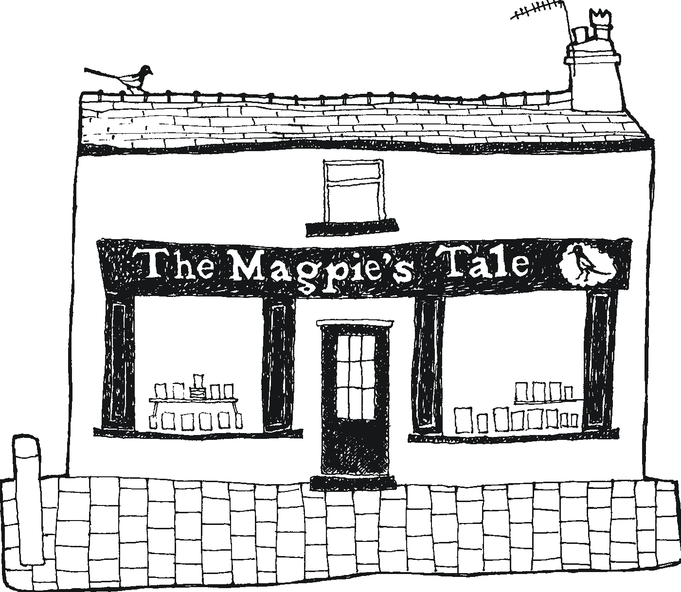 Pen drawing of The Magpie&rsquo;s Tale shopfront, with a magpie on the roof
